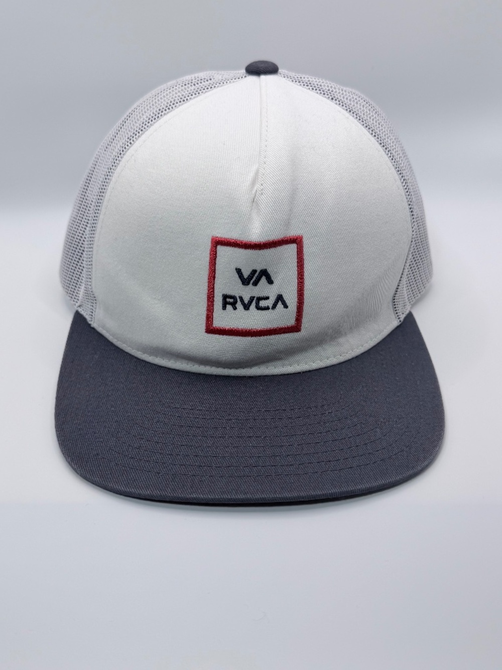 RVCA Men's Adjustable Snapback Trucker Hat White And Navy Blue One Size